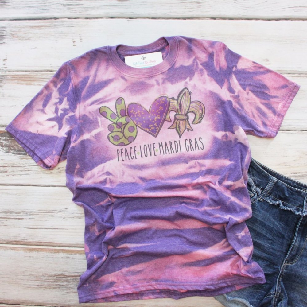 New Hand Bleached Unisex Tee Small - Peace Love Mardi Gras - RTS
